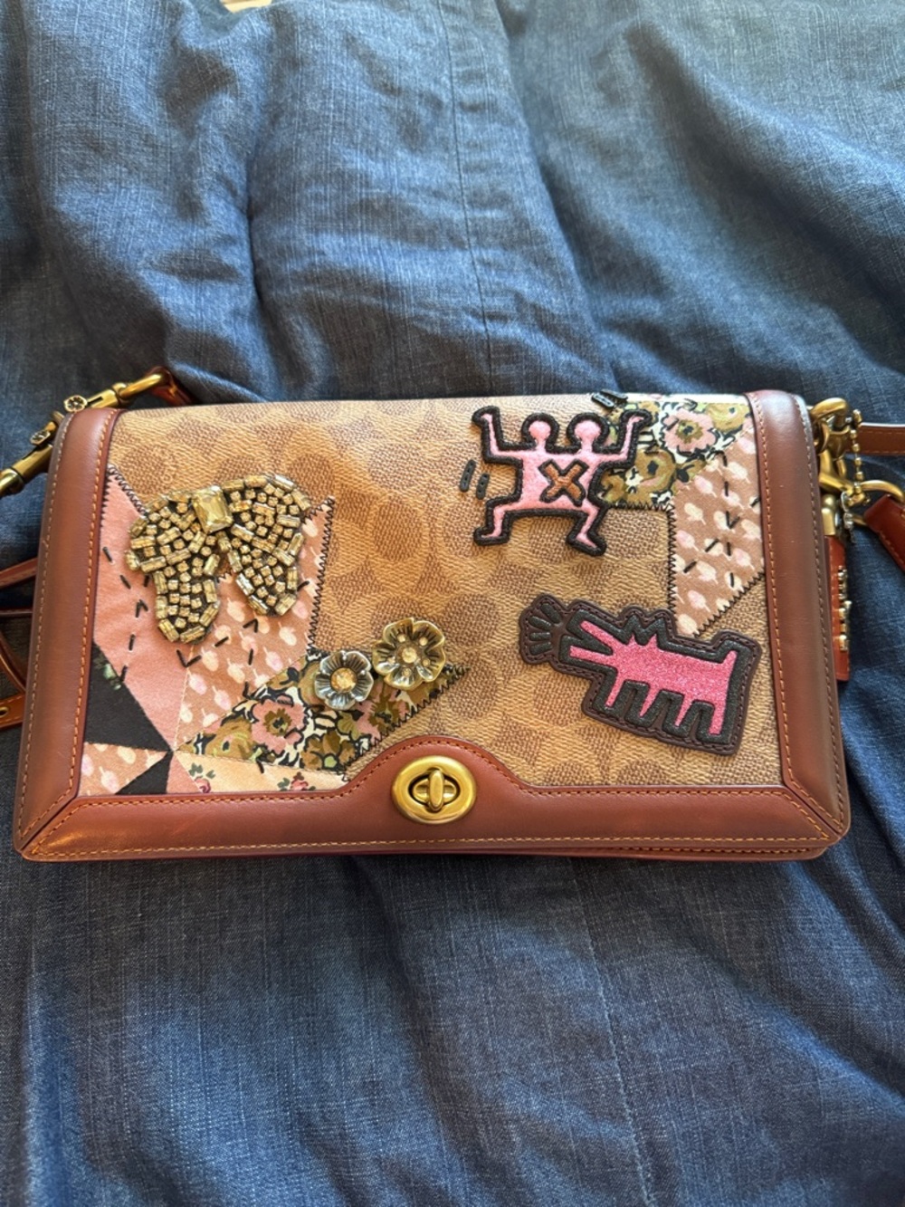 Coach x Keith Haring Riley Crossbody Bag in brown coated canvas